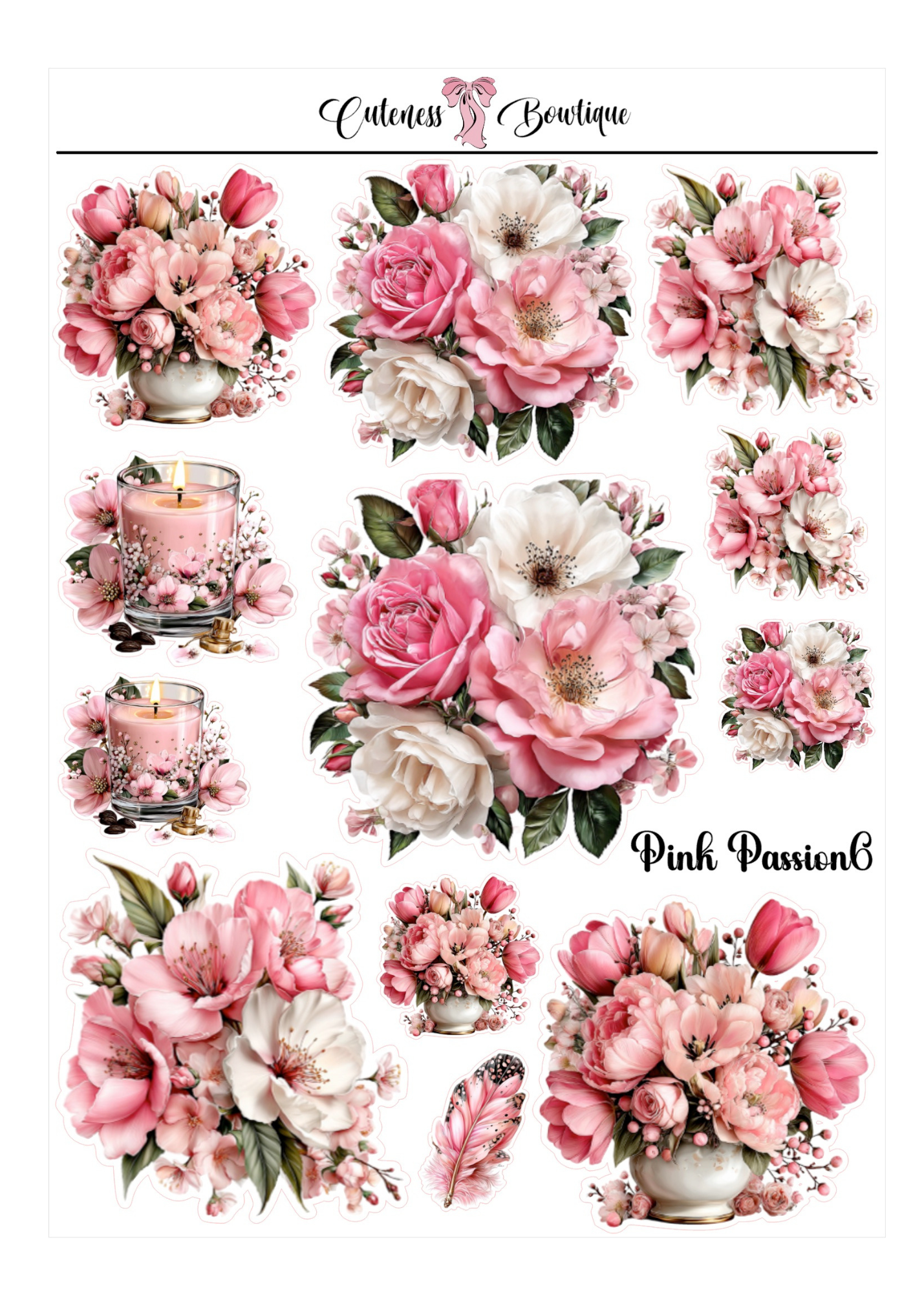 The Cuteness Journaling Sticker Sheet | Cuteness Planner Stickers for Agendas, Planners, Notebooks, Dividers | PINK PASSION
