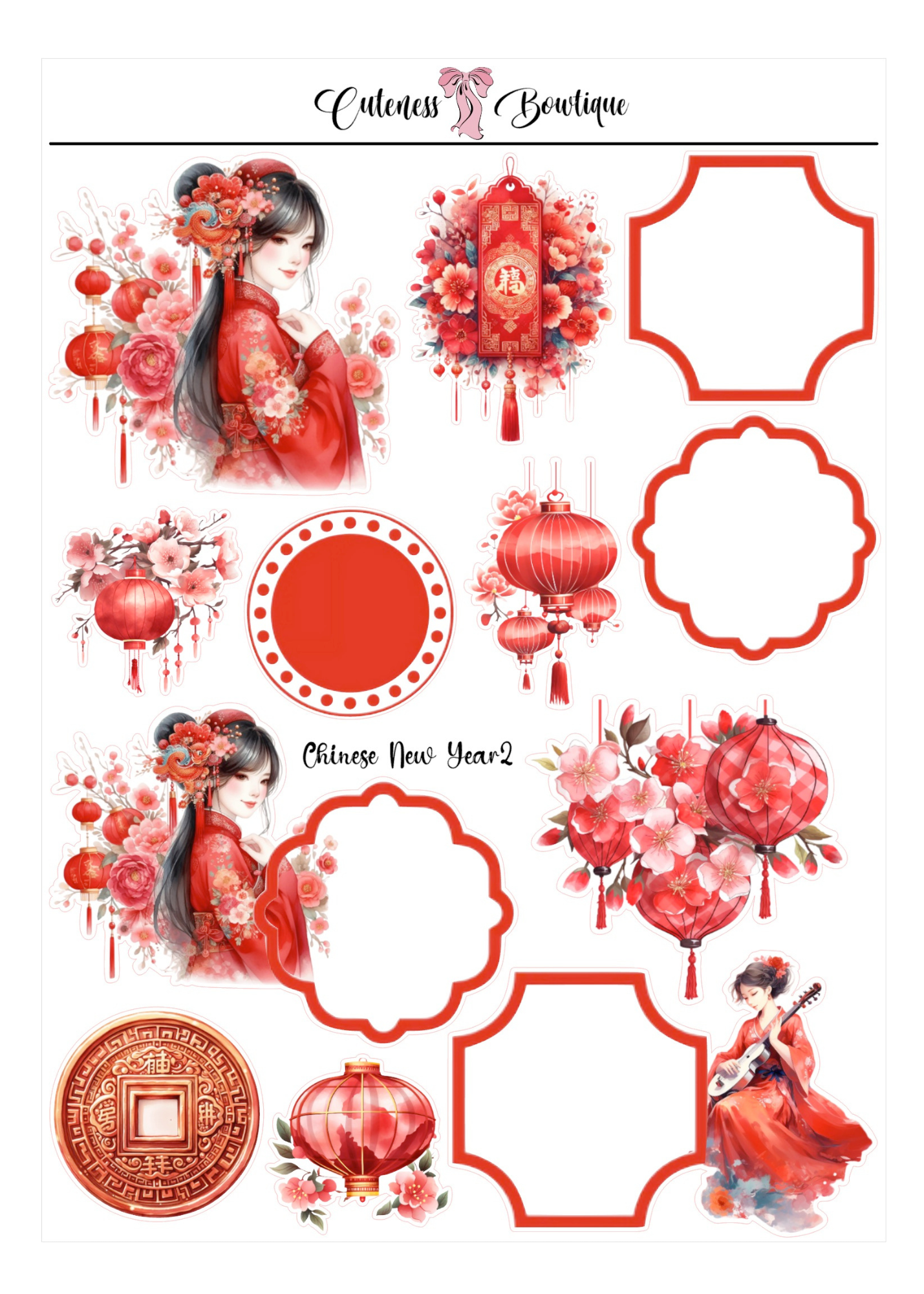 The Cuteness Journaling Sticker Sheet | Cuteness Planner Stickers for Agendas, Planners, Notebooks, Dividers | CHINESE NEW YEAR