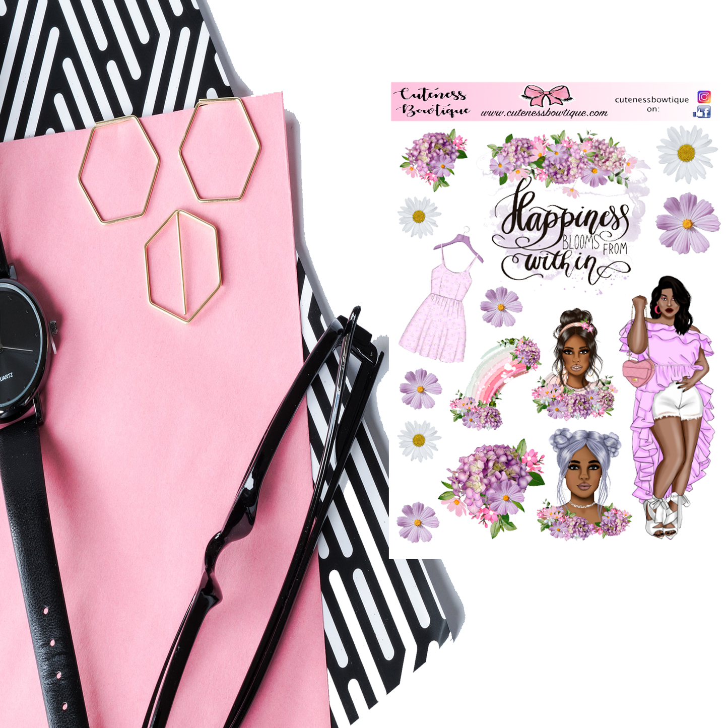 The Cuteness Journaling  Sticker Sheet | Cuteness Planner Stickers for Agendas, Planners, Notebooks, Dividers BLOOM