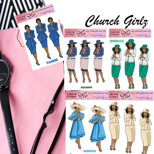 The CHURCH GIRLZ Collection Sticker Sheet | Cuteness Planner Stickers for Agendas, Planners, Notebooks, Dividers | JENNIFER EMERALD ELIZABETH FELECIA FANNIE