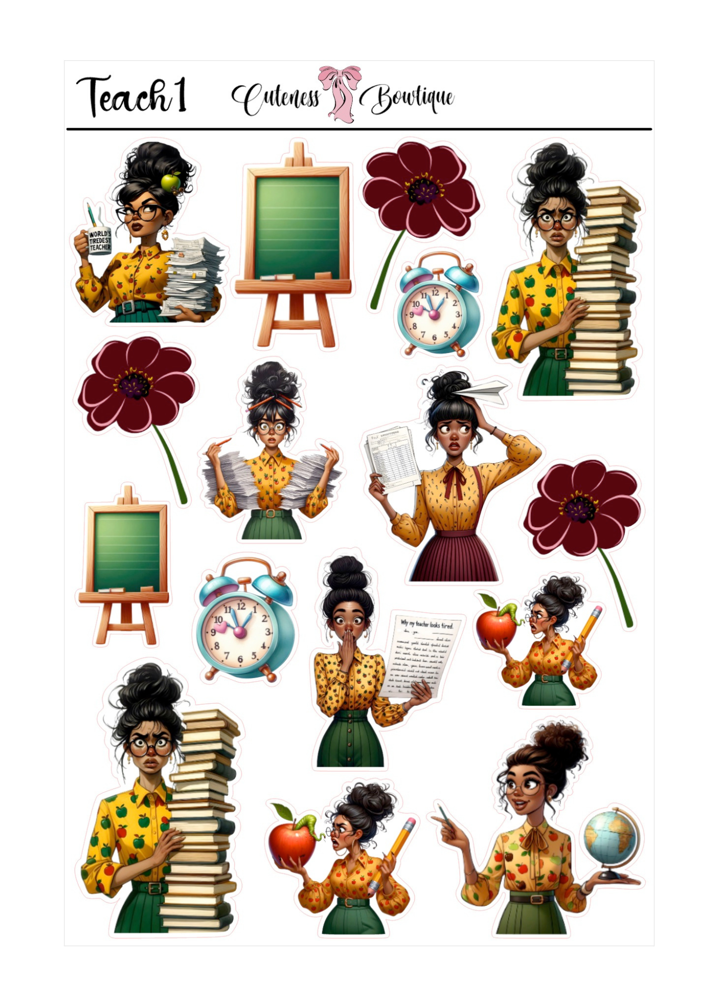 The Cuteness Doll Collection Sticker Sheet | Cuteness Planner Stickers for Agendas, Planners, Notebooks, Dividers | QUIRKY TEACH