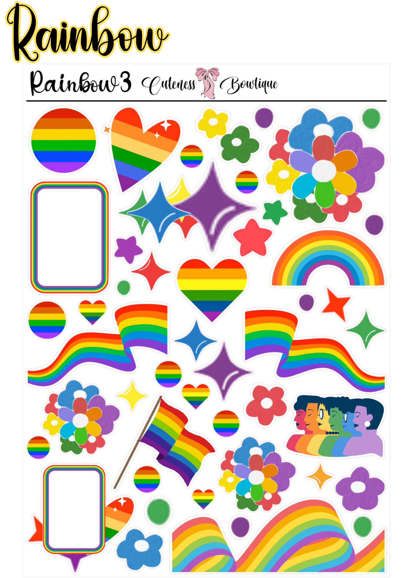 The Cuteness Journaling Sticker Sheet | Cuteness Planner Stickers for Agendas, Planners, Notebooks, Dividers | RAINBOW