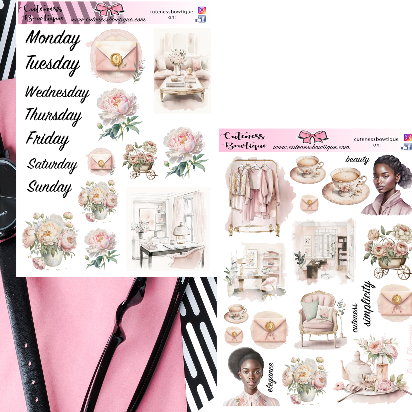 The Cuteness Journaling Sticker Sheet | Cuteness Planner Stickers for Agendas, Planners, Notebooks, Dividers | PINK ELEGANCE DARK