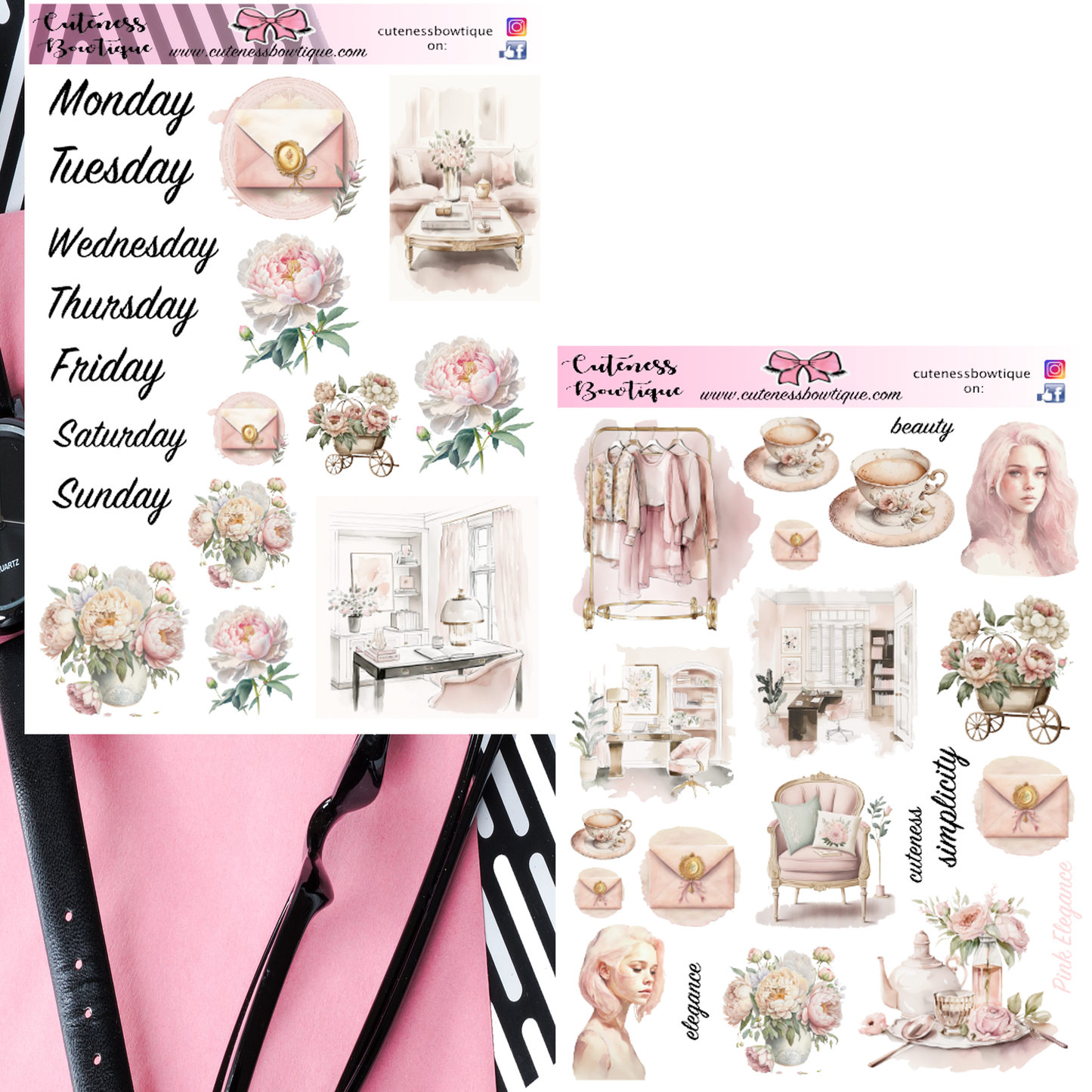 The Cuteness Journaling  Sticker Sheet | Cuteness Planner Stickers for Agendas, Planners, Notebooks, Dividers | PINK ELEGANCE LIGHT