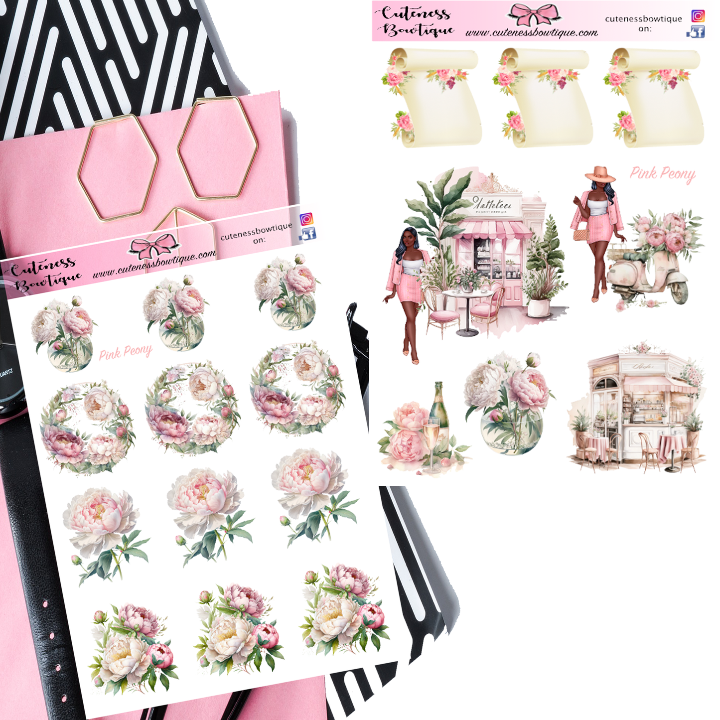 The Cuteness Journaling Sticker Sheet | Cuteness Planner Stickers for Agendas, Planners, Notebooks, Dividers | PINK PEONY DARK