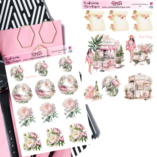 The Cuteness Journaling Sticker Sheet | Cuteness Planner Stickers for Agendas, Planners, Notebooks, Dividers | PINK PEONY LIGHT