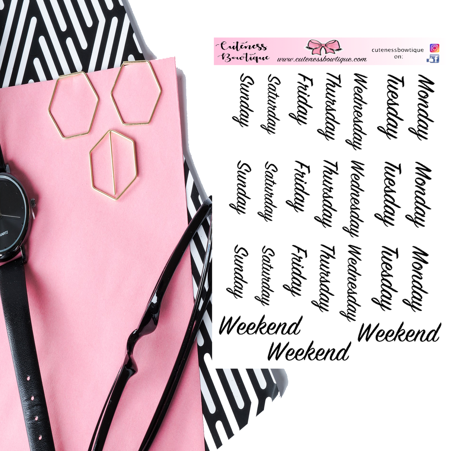 The Cuteness Journaling Sticker Sheet | Cuteness Planner Stickers for Agendas, Planners, Notebooks, Dividers | WEEKDAYS