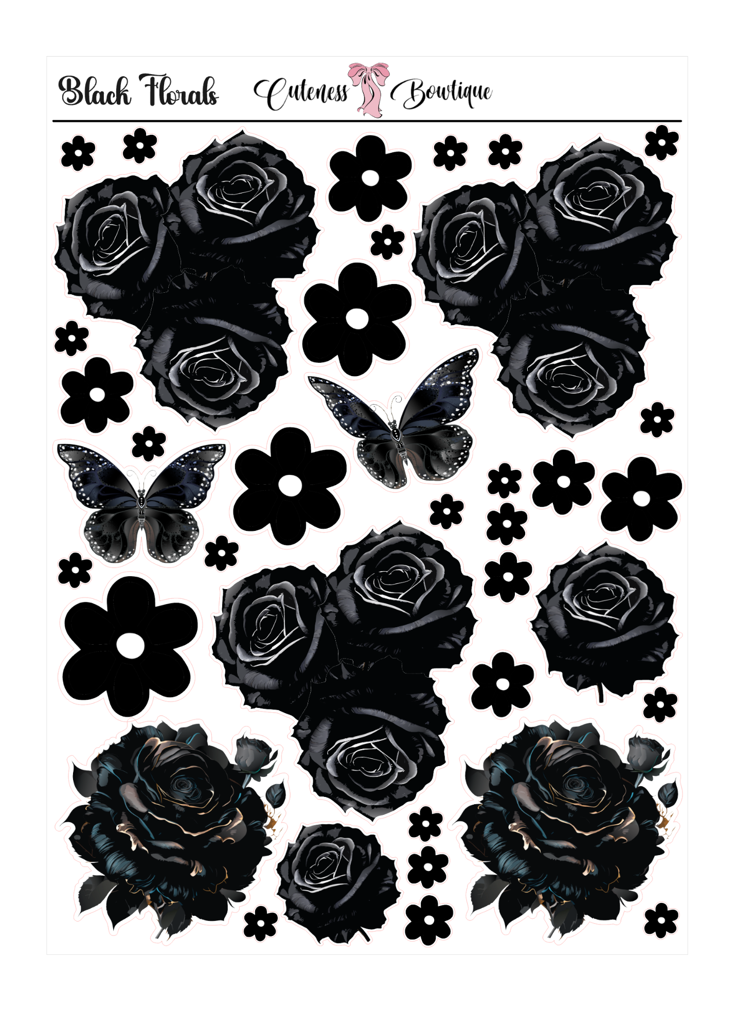 The Cuteness Journaling Sticker Sheet | Cuteness Planner Stickers for Agendas, Planners, Notebooks, Dividers | BLACK FLORALS
