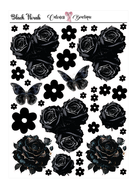 The Cuteness Journaling Sticker Sheet | Cuteness Planner Stickers for Agendas, Planners, Notebooks, Dividers | BLACK FLORALS