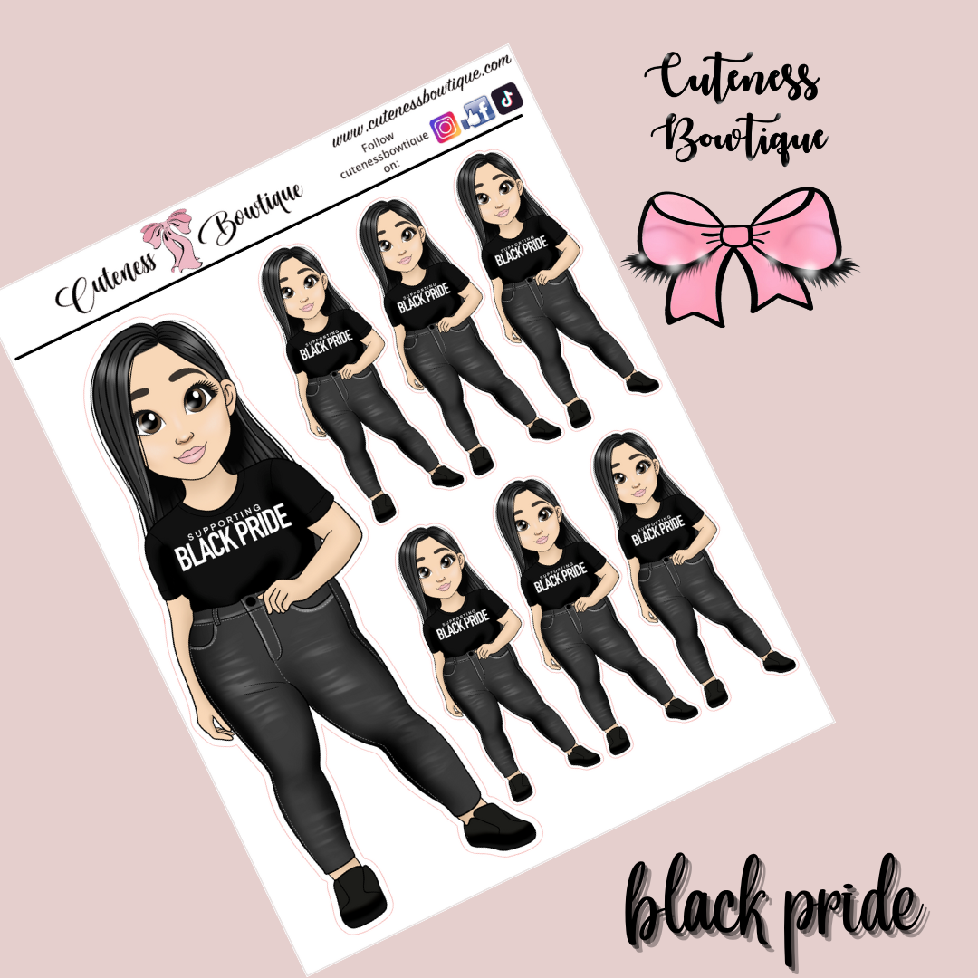 The Cuteness Doll Collection Sticker Sheet | Cuteness Planner Stickers for Agendas, Planners, Notebooks, Dividers | BLACK PRIDE