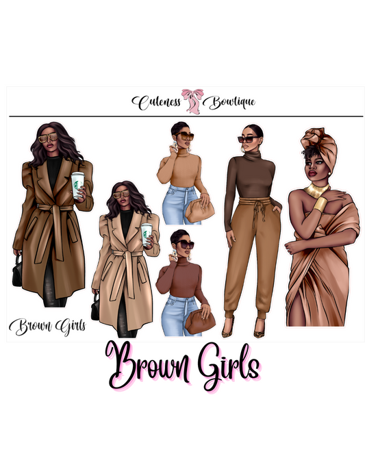 The Cuteness Doll Collection Sticker Sheet | Cuteness Planner Stickers for Agendas, Planners, Notebooks, Dividers | BROWN GIRLS