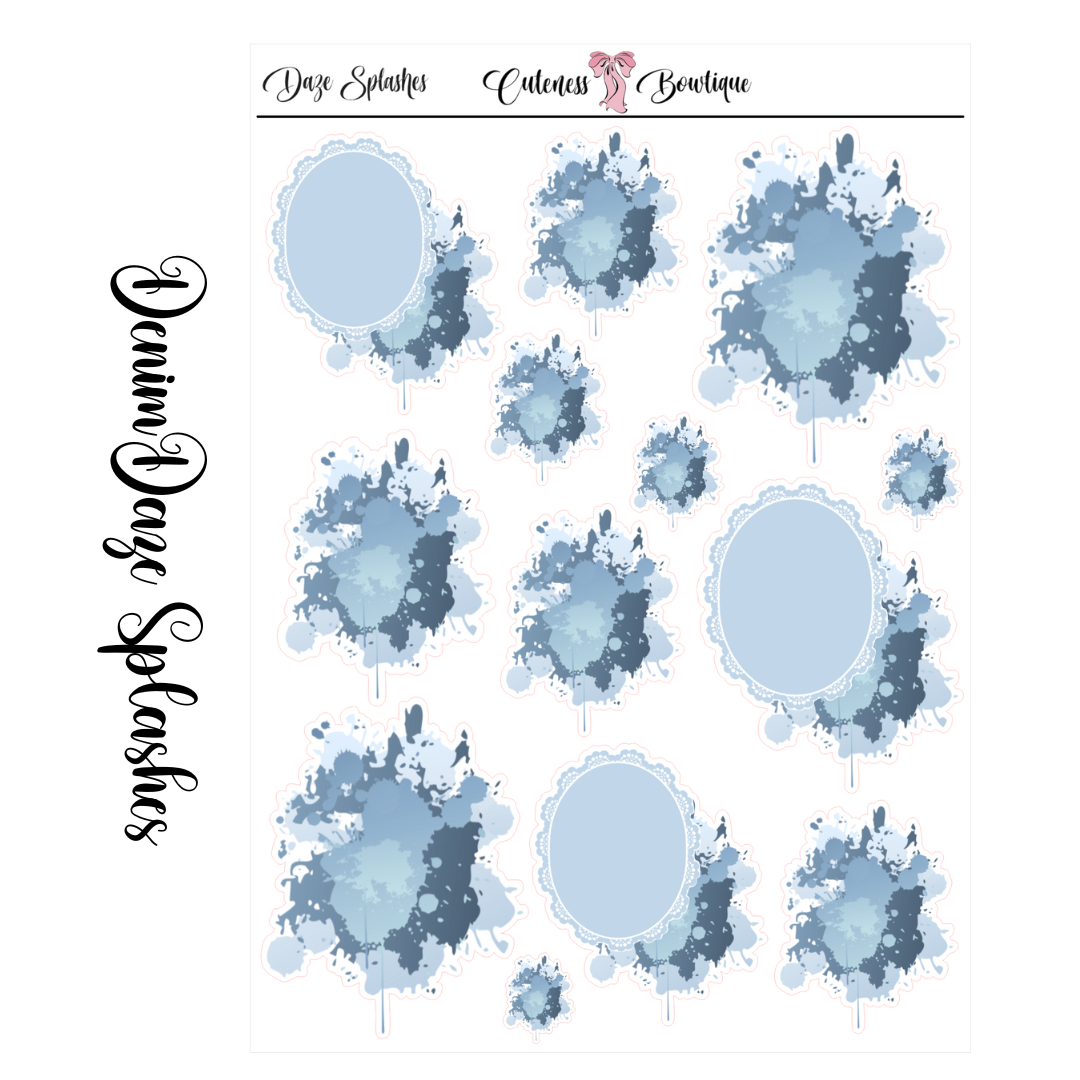 The Cuteness Journaling Sticker Sheet | Cuteness Planner Stickers for Agendas, Planners, Notebooks, Dividers | DENIM DAZE SPLASHES