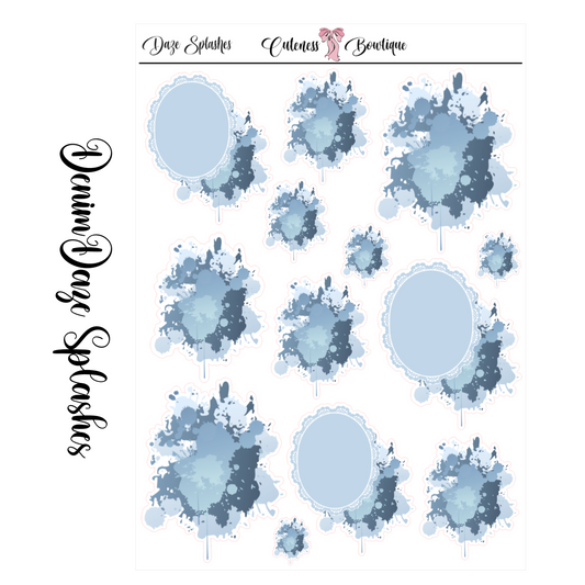 The Cuteness Journaling Sticker Sheet | Cuteness Planner Stickers for Agendas, Planners, Notebooks, Dividers | DENIM DAZE SPLASHES
