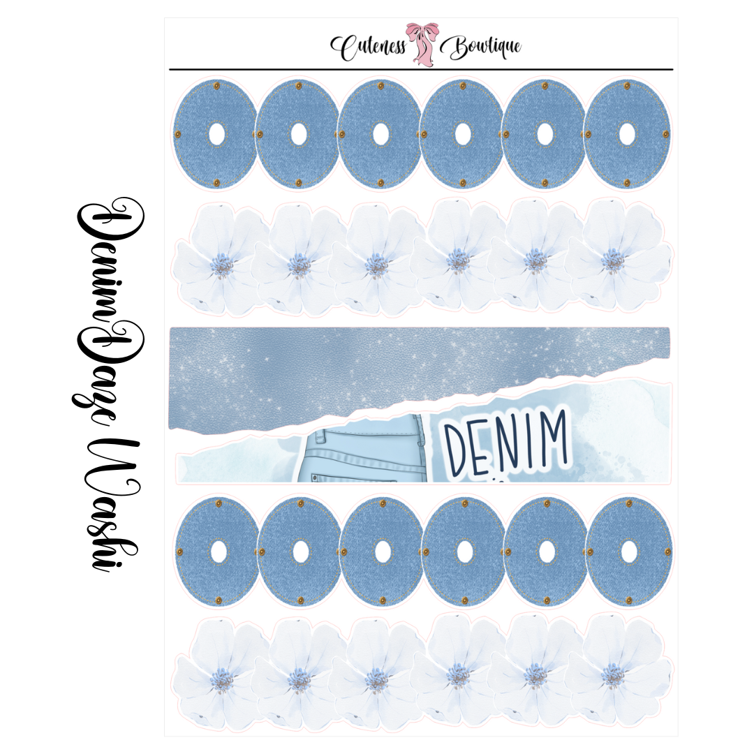 The Cuteness Journaling Sticker Sheet | Cuteness Planner Stickers for Agendas, Planners, Notebooks, Dividers | DENIM DAZE WASHI STRIPS