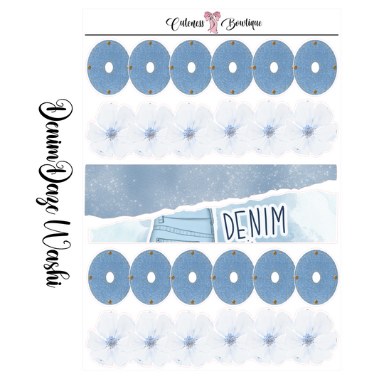 The Cuteness Journaling Sticker Sheet | Cuteness Planner Stickers for Agendas, Planners, Notebooks, Dividers | DENIM DAZE WASHI STRIPS