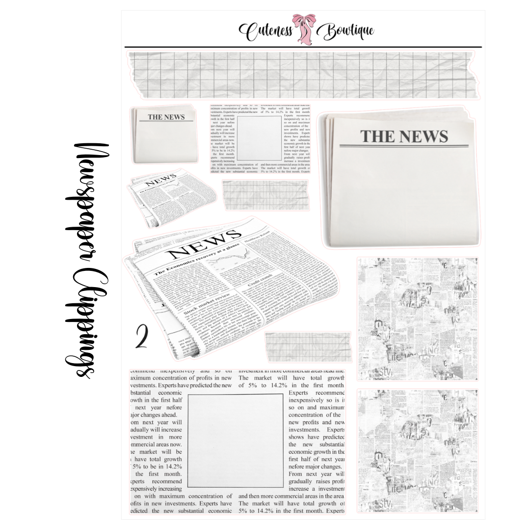 The Cuteness Journaling Sticker Sheet | Cuteness Planner Stickers for Agendas, Planners, Notebooks, Dividers | NEWSPAPER CLIPPINGS
