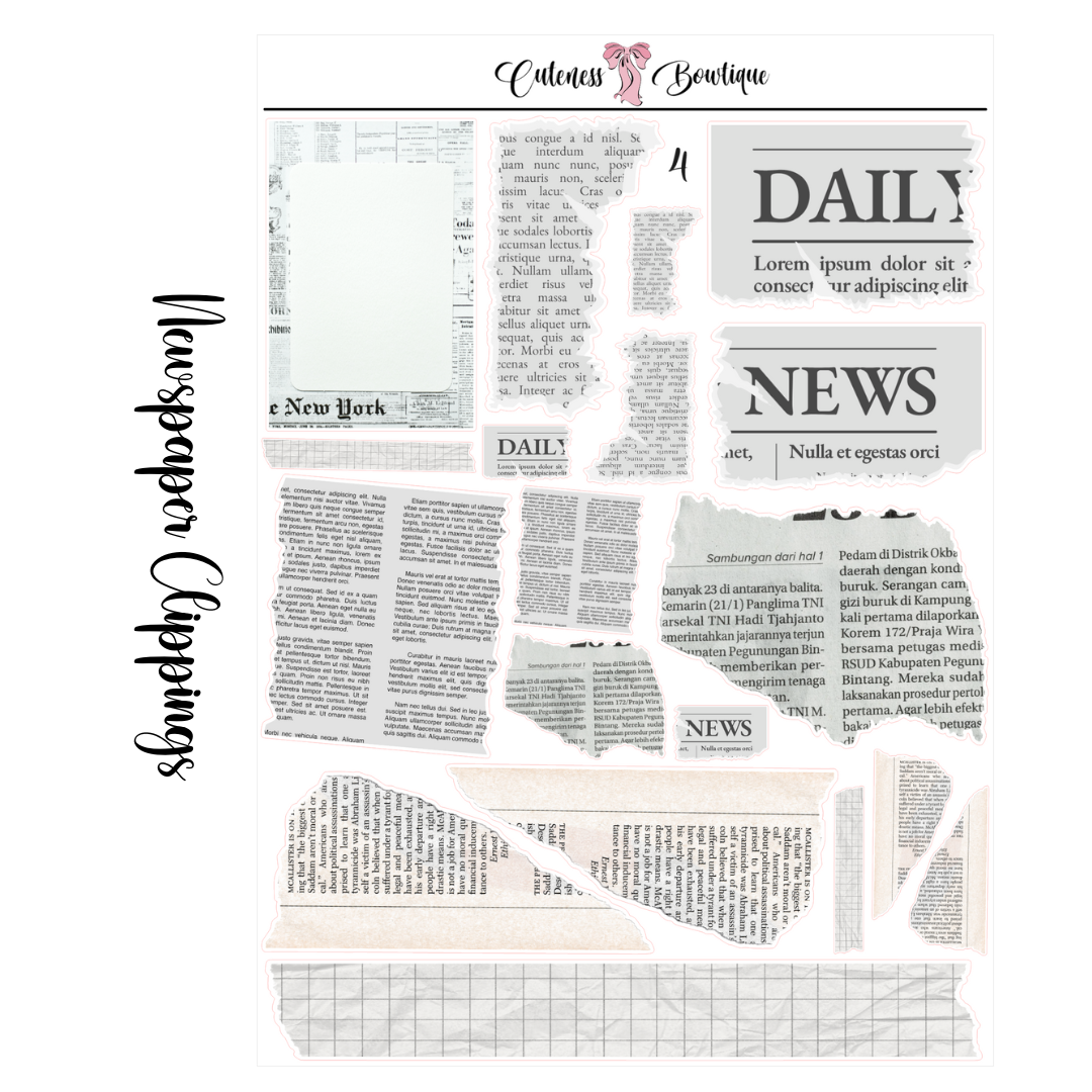 The Cuteness Journaling Sticker Sheet | Cuteness Planner Stickers for Agendas, Planners, Notebooks, Dividers | NEWSPAPER CLIPPINGS