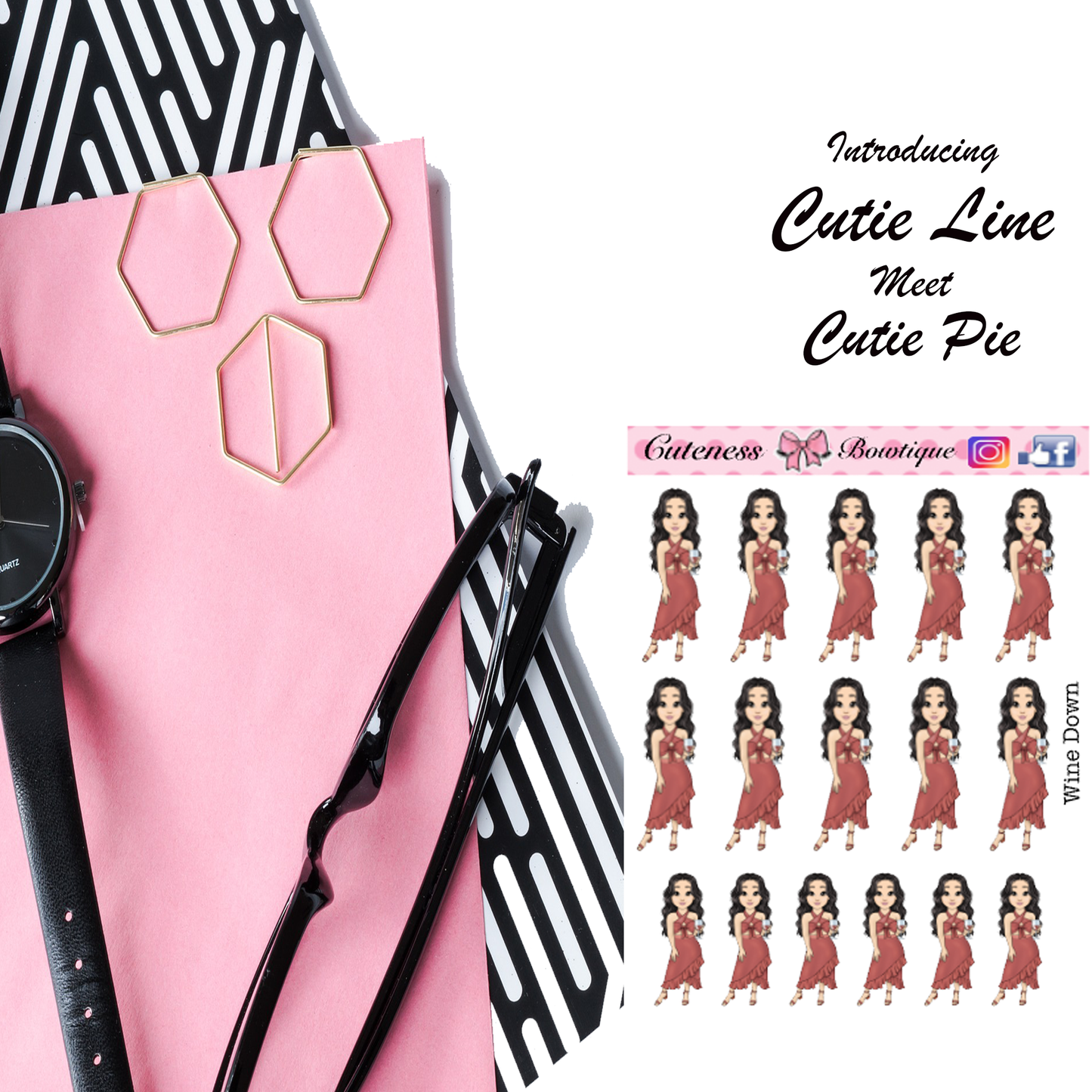 The Cutie Line Icon Sticker Sheet | Cuteness Planner Stickers for Agendas, Planners, Notebooks, Dividers | WINE DOWN