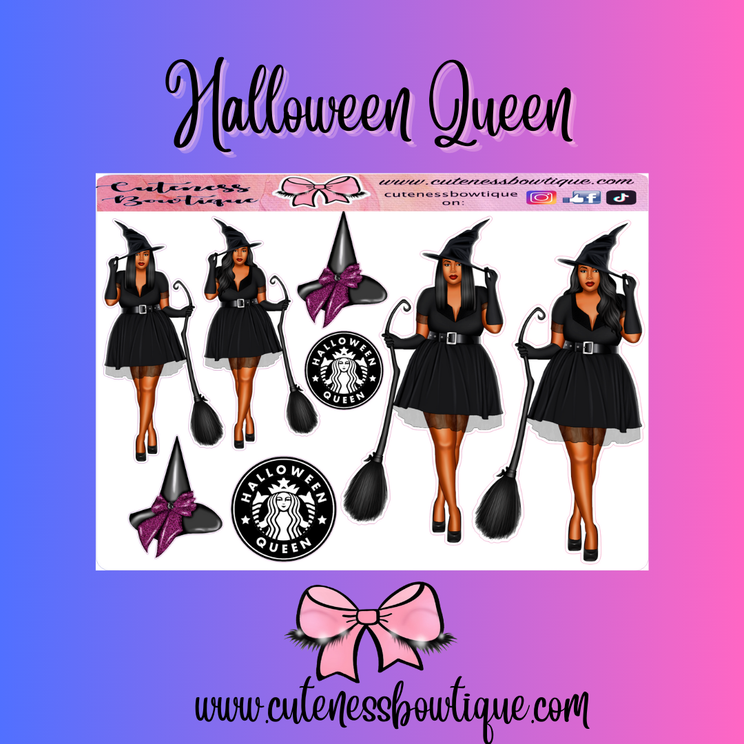 The Cuteness Doll Collection Sticker Sheet | Cuteness Planner Stickers for Agendas, Planners, Notebooks, Dividers | HALLOWEEN QUEEN