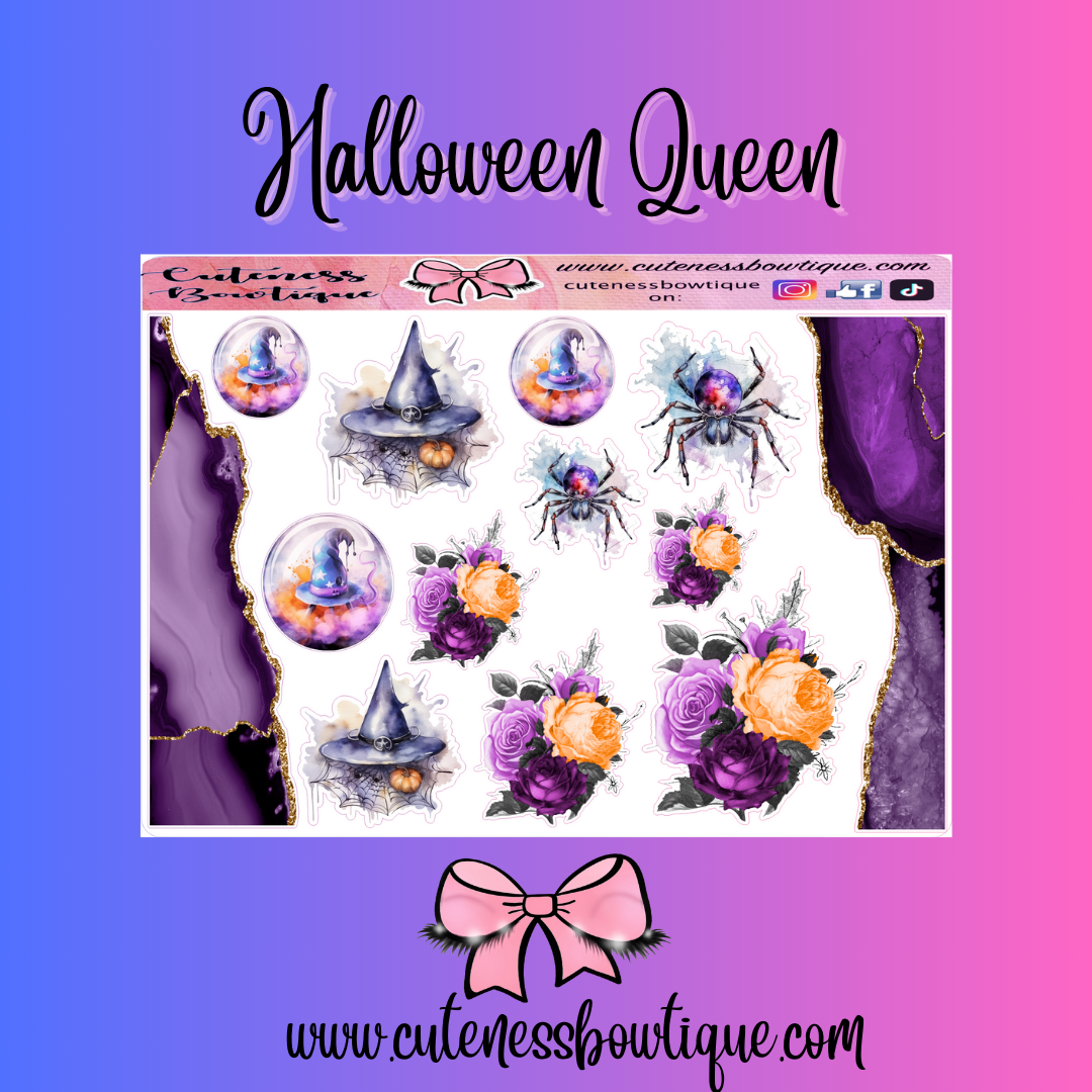 The Cuteness Doll Collection Sticker Sheet | Cuteness Planner Stickers for Agendas, Planners, Notebooks, Dividers | HALLOWEEN QUEEN