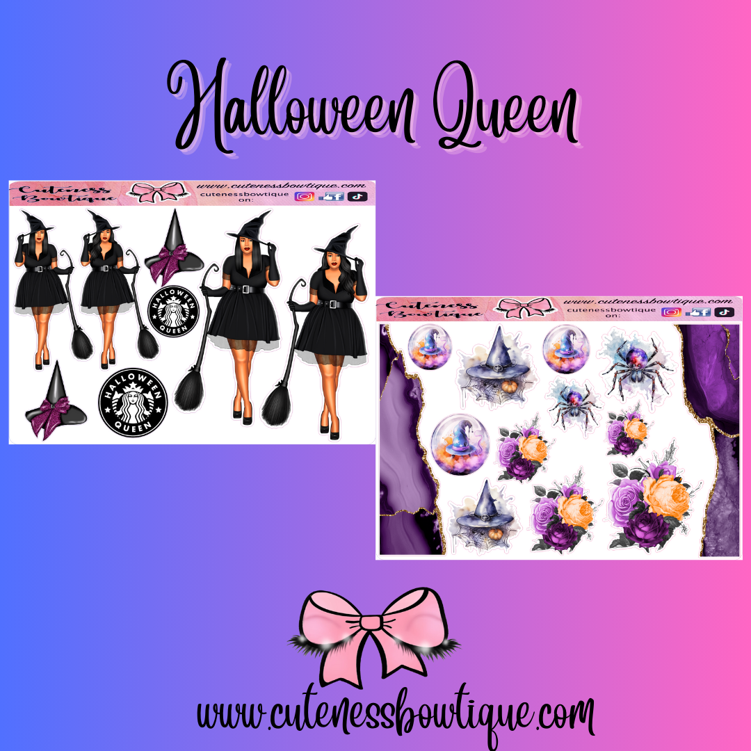 The Cuteness Doll Collection Sticker Sheet | Cuteness Planner Stickers for Agendas, Planners, Notebooks, Dividers | HALLOWEEN QUEEN