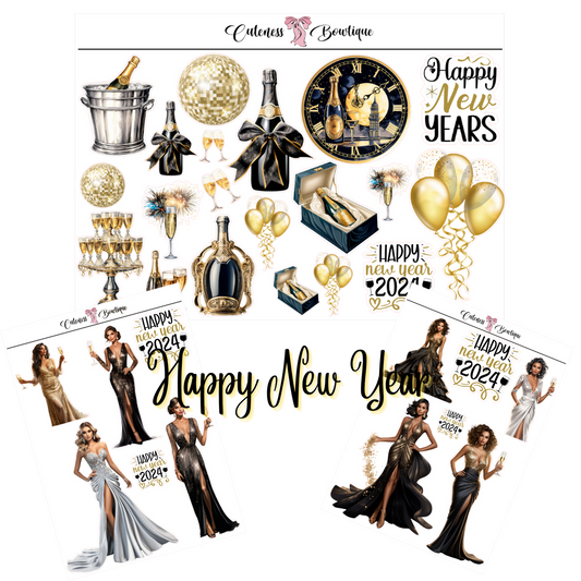 The Cuteness Journaling Sticker Sheet | Cuteness Planner Stickers for Agendas, Planners, Notebooks, Dividers | HAPPY NEW YEAR