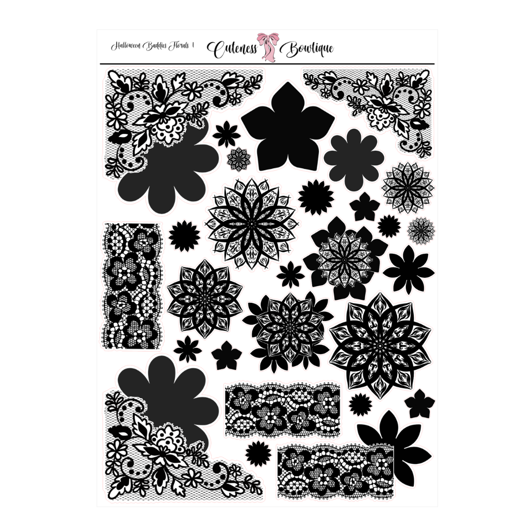 The Cuteness Journaling Sticker Sheet | Cuteness Planner Stickers for Agendas, Planners, Notebooks, Dividers | HALLOWEEN BADDIES FLORALS