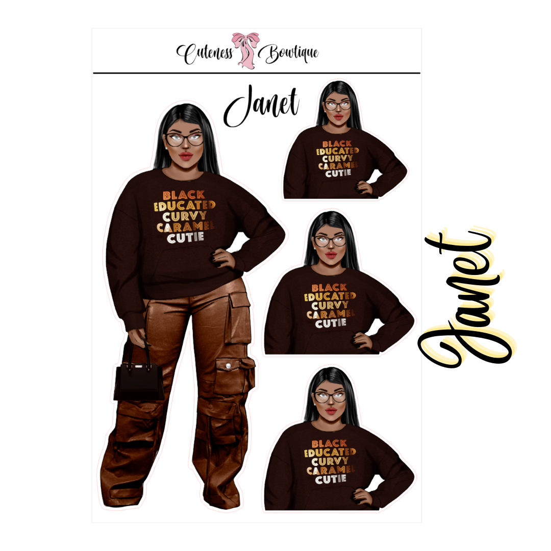 The  CUSTOM Cuteness Doll Collection Sticker Sheet | Cuteness Planner Stickers for Agendas, Planners, Notebooks, Dividers | JANET