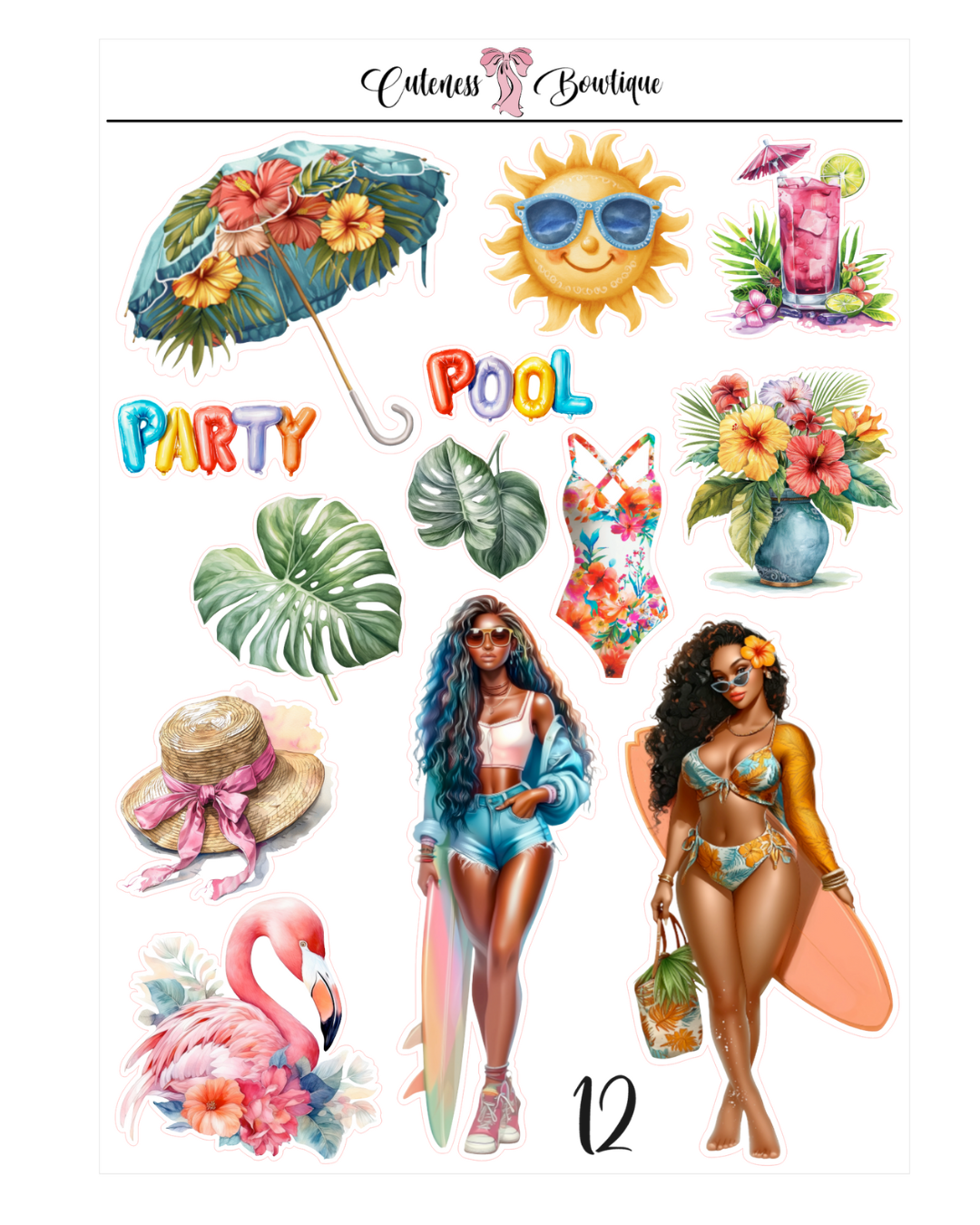 The Cuteness Journaling Sticker Sheet | Cuteness Planner Stickers for Agendas, Planners, Notebooks, Dividers | POOL PARTY