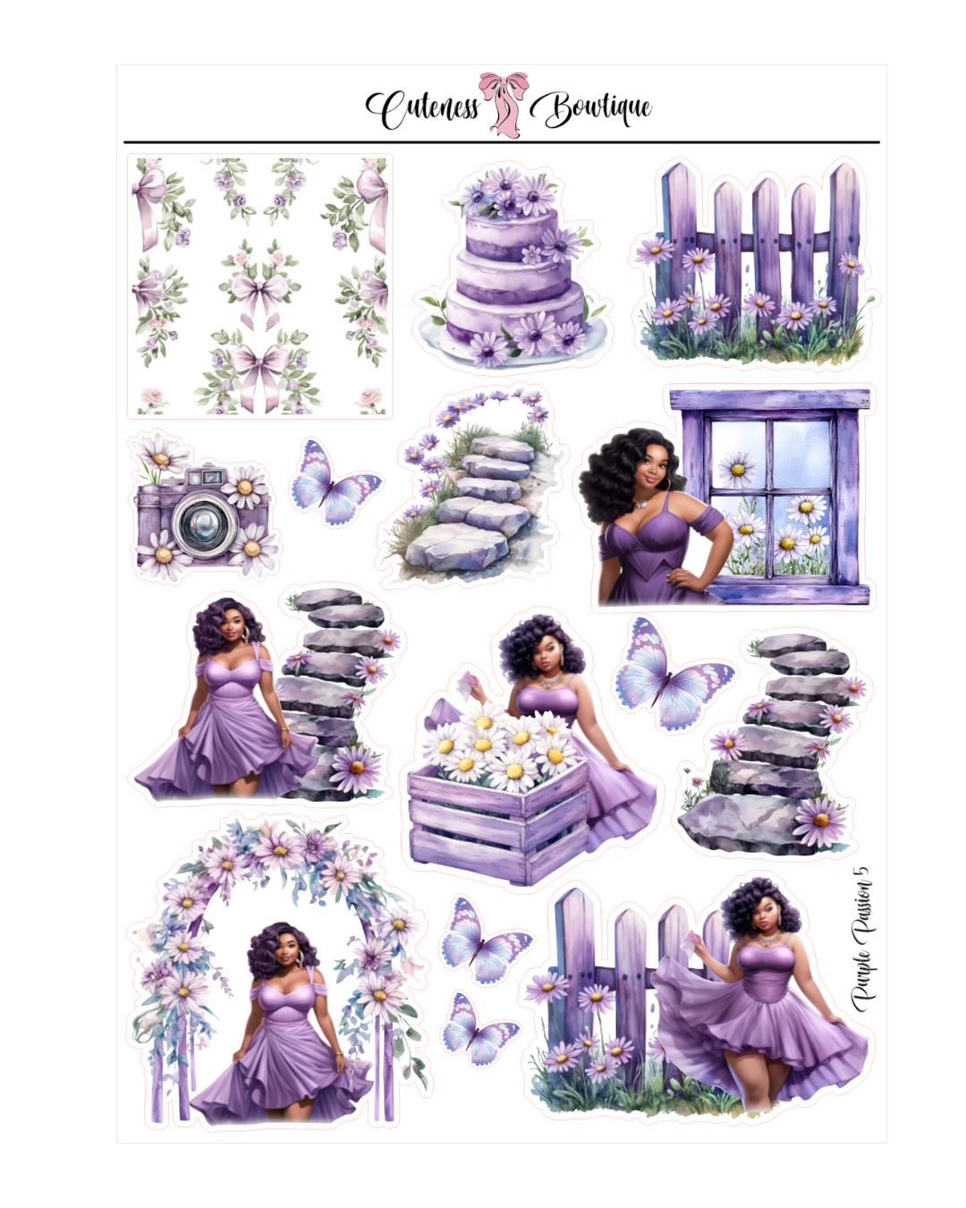 The Cuteness Journaling Sticker Sheet | Cuteness Planner Stickers for Agendas, Planners, Notebooks, Dividers | PURPLE PASSION