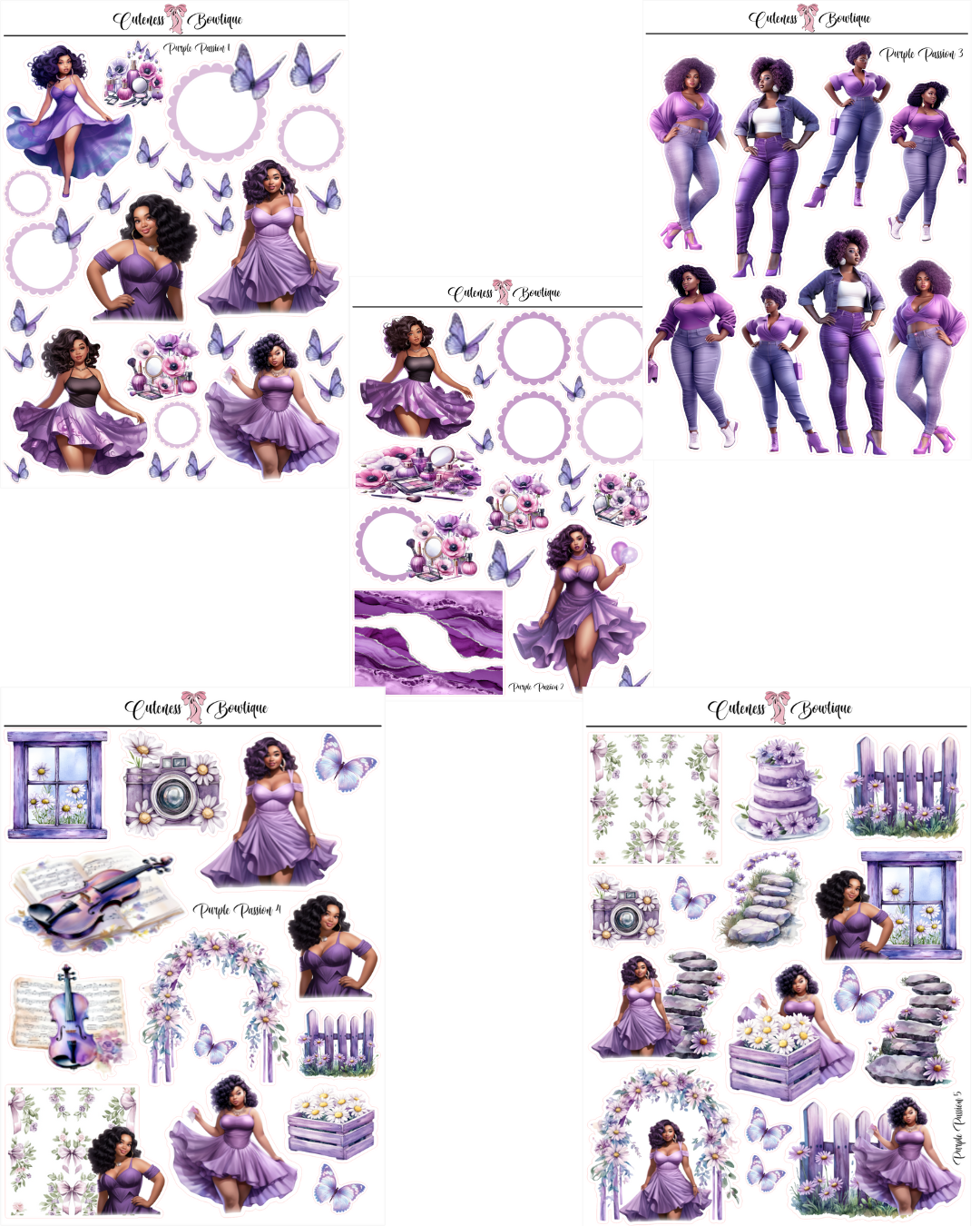The Cuteness Journaling Sticker Sheet | Cuteness Planner Stickers for Agendas, Planners, Notebooks, Dividers | PURPLE PASSION