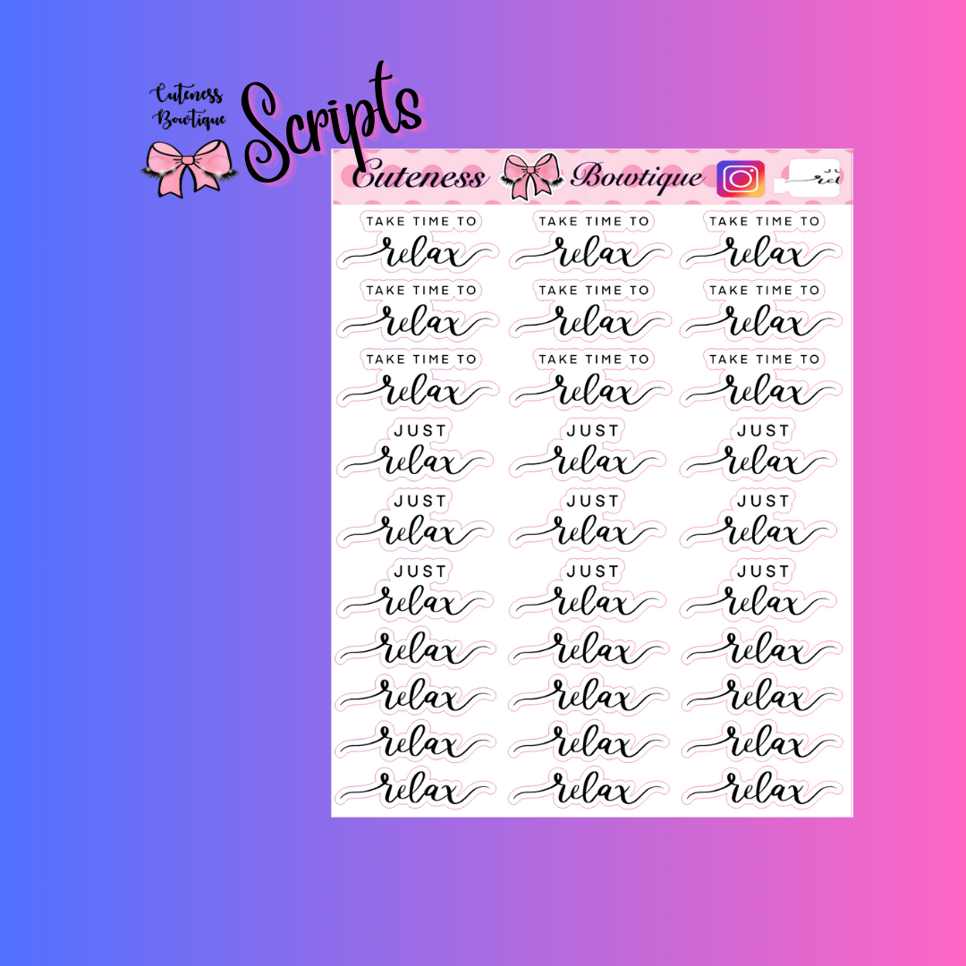 The Cuteness SCRIPTS Collection Sticker Sheet | Cuteness Planner Stickers for Agendas, Planners, Notebooks, Dividers | RELAX SCRIPTS