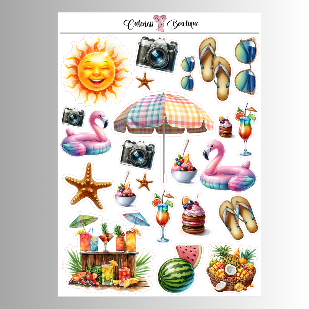The Cuteness Journaling Sticker Sheet | Cuteness Planner Stickers for Agendas, Planners, Notebooks, Dividers | SUMMER FUN