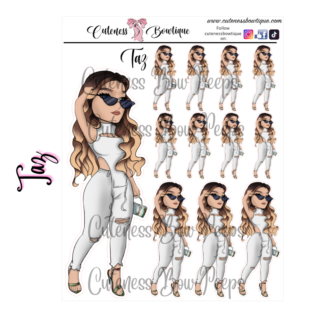 The Cuteness Bow peeps Mini Doll Collection Sticker Sheet | Cuteness Planner Stickers for Agendas, Planners, Notebooks, Dividers | TAZ