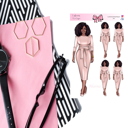 The Cuteness Doll Collection Sticker Sheet | Cuteness Planner Stickers for Agendas, Planners, Notebooks, Dividers | ALAINA PINK DRESS