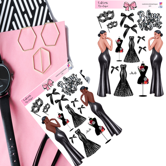 The Cuteness KITS I Collection Sticker Sheet | Cuteness Planner Stickers for Agendas, Planners, Notebooks, Dividers | BLACK NEW YEARS (JOJO)