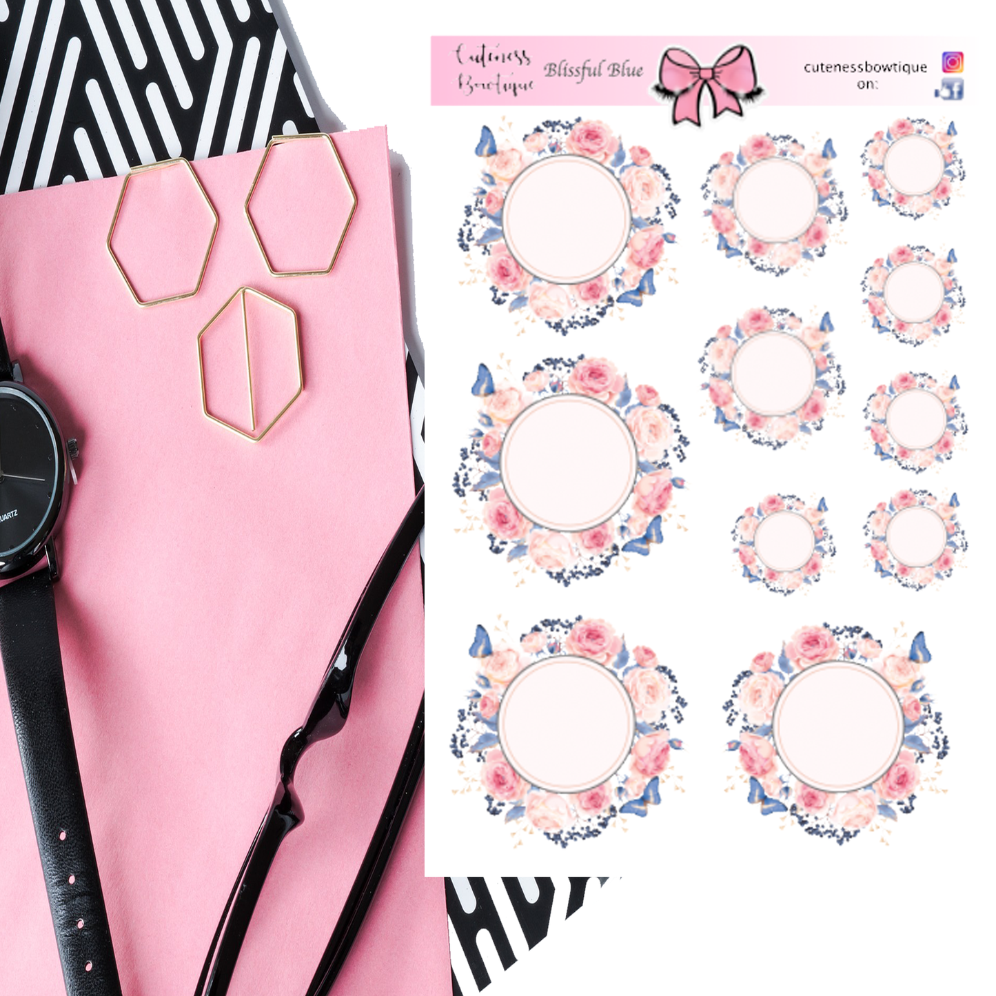 The Cuteness FLORALS Collection Sticker Sheet | Cuteness Planner Stickers for Agendas, Planners, Notebooks, Dividers | BLISSFUL BLUE