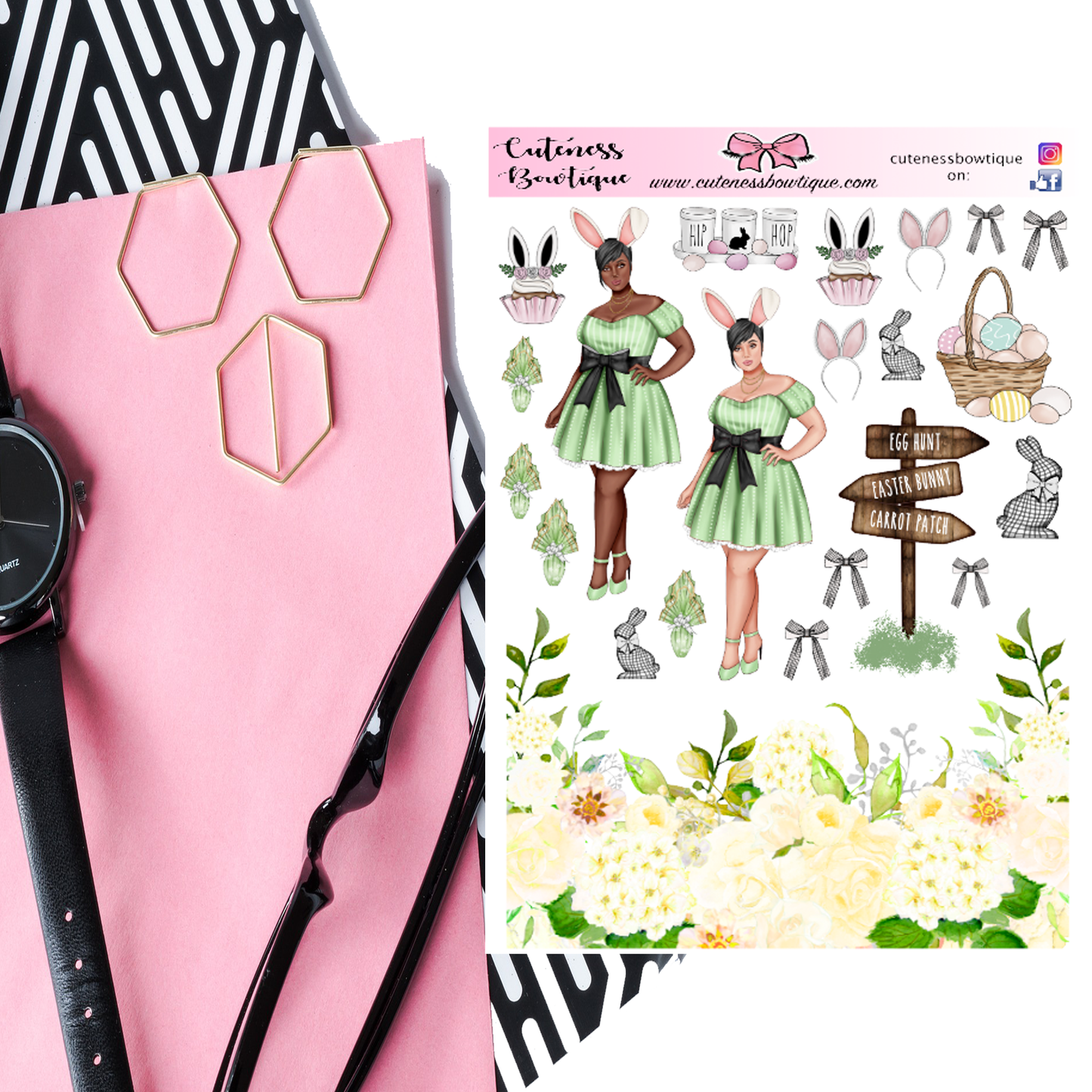 The Cuteness Journaling Sticker Sheet | Cuteness Planner Stickers for Agendas, Planners, Notebooks, Dividers | BUNNY BOO GREEN