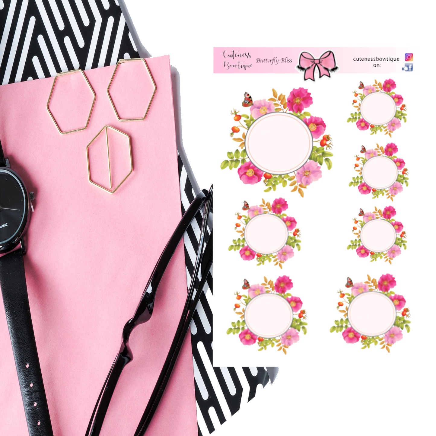 The Cuteness FLORALS Collection Sticker Sheet | Cuteness Planner Stickers for Agendas, Planners, Notebooks, Dividers | BUTTERFLY BLISS