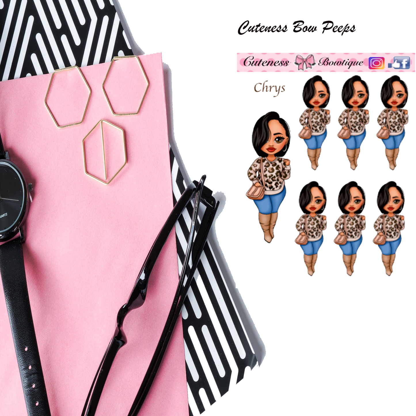 The Cuteness Bow peeps Mini Doll Collection Sticker Sheet | Cuteness Planner Stickers for Agendas, Planners, Notebooks, Dividers | Chrys Animal Print