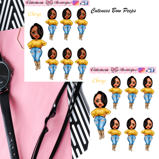 The Cuteness Bow peeps Mini Doll Collection Sticker Sheet | Cuteness Planner Stickers for Agendas, Planners, Notebooks, Dividers | Chrys Yellow Sweater