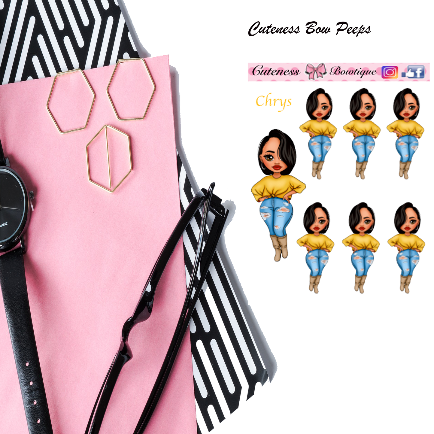 The Cuteness Bow peeps Mini Doll Collection Sticker Sheet | Cuteness Planner Stickers for Agendas, Planners, Notebooks, Dividers | Chrys Yellow Sweater