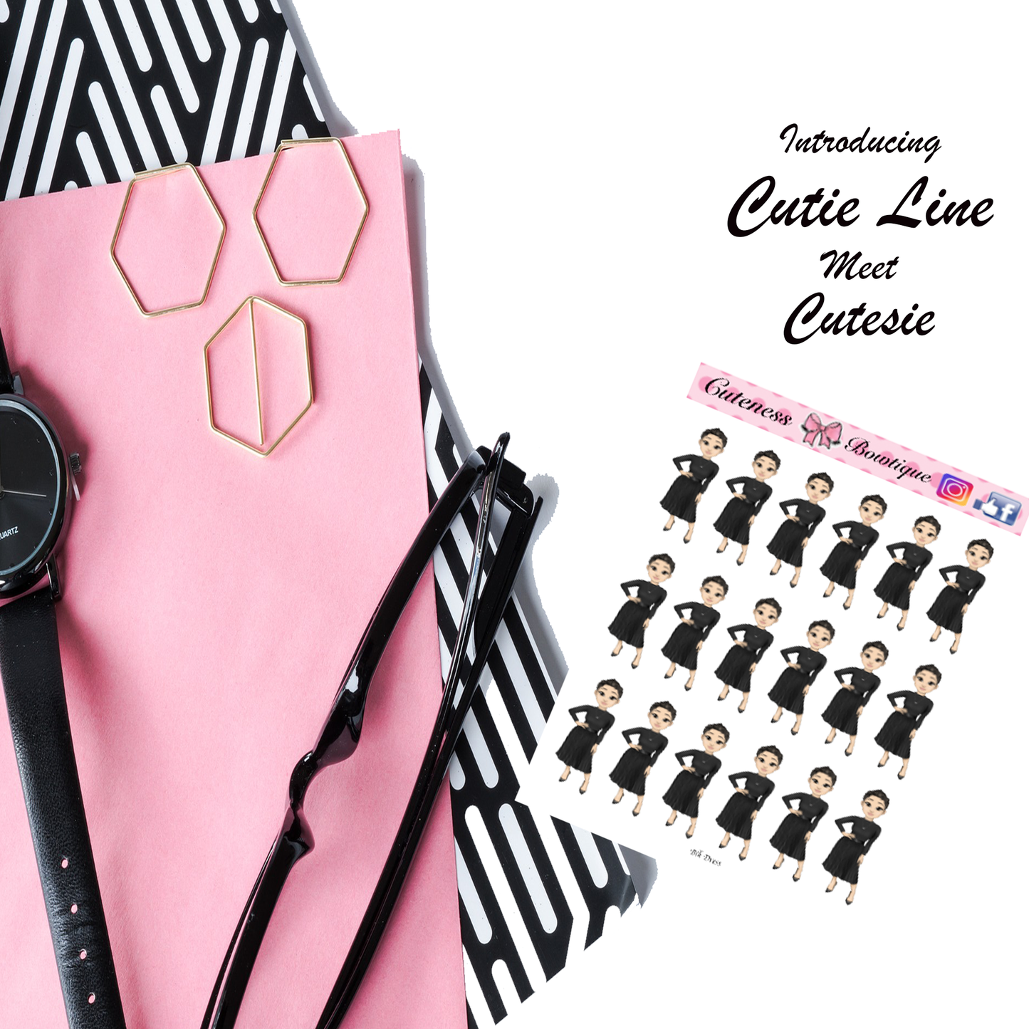 The Cutie Line Icon Sticker Sheet | Cuteness Planner Stickers for Agendas, Planners, Notebooks, Dividers | BLK DRESS
