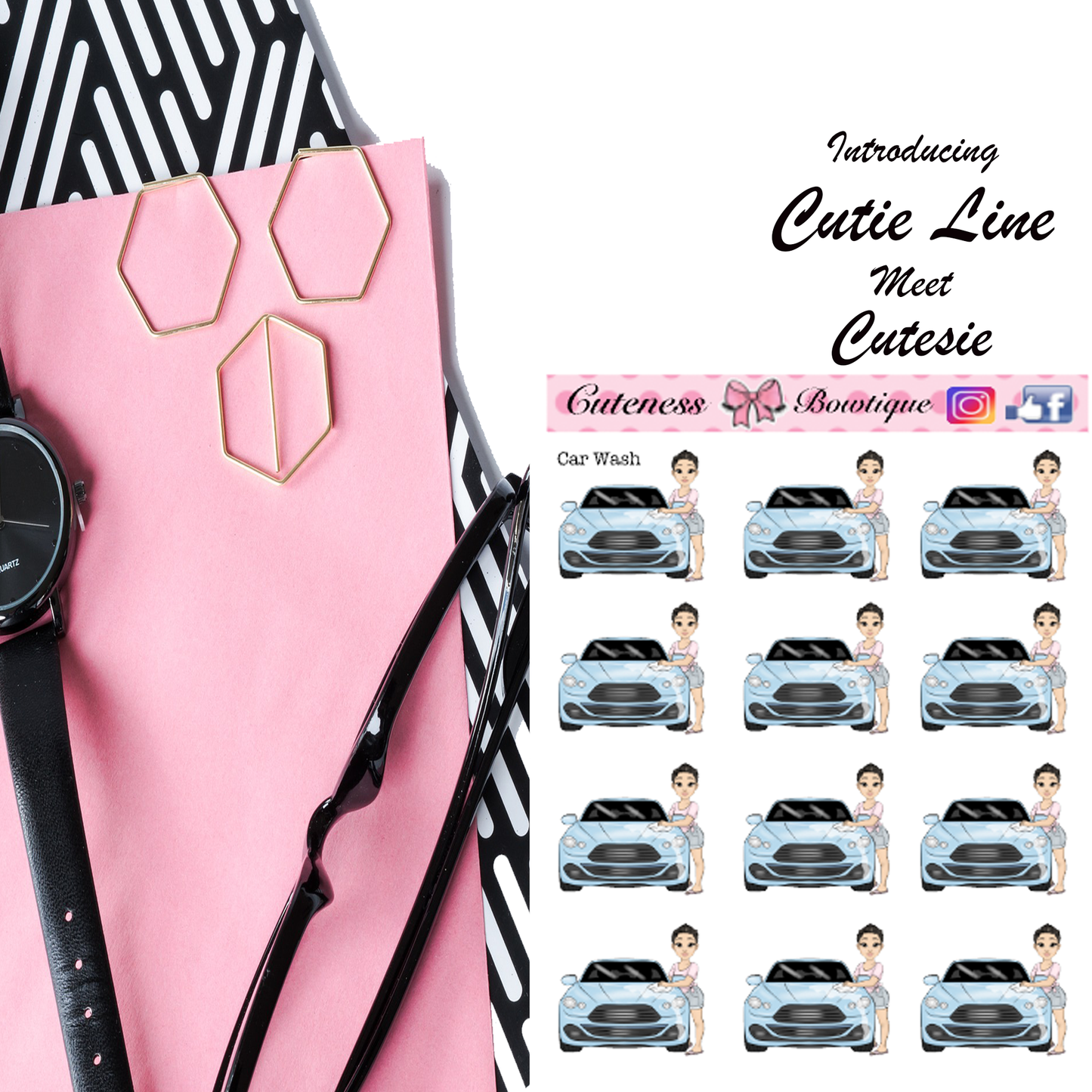 The Cutie Line Icon Sticker Sheet | Cuteness Planner Stickers for Agendas, Planners, Notebooks, Dividers | CUTESIE CAR WASH