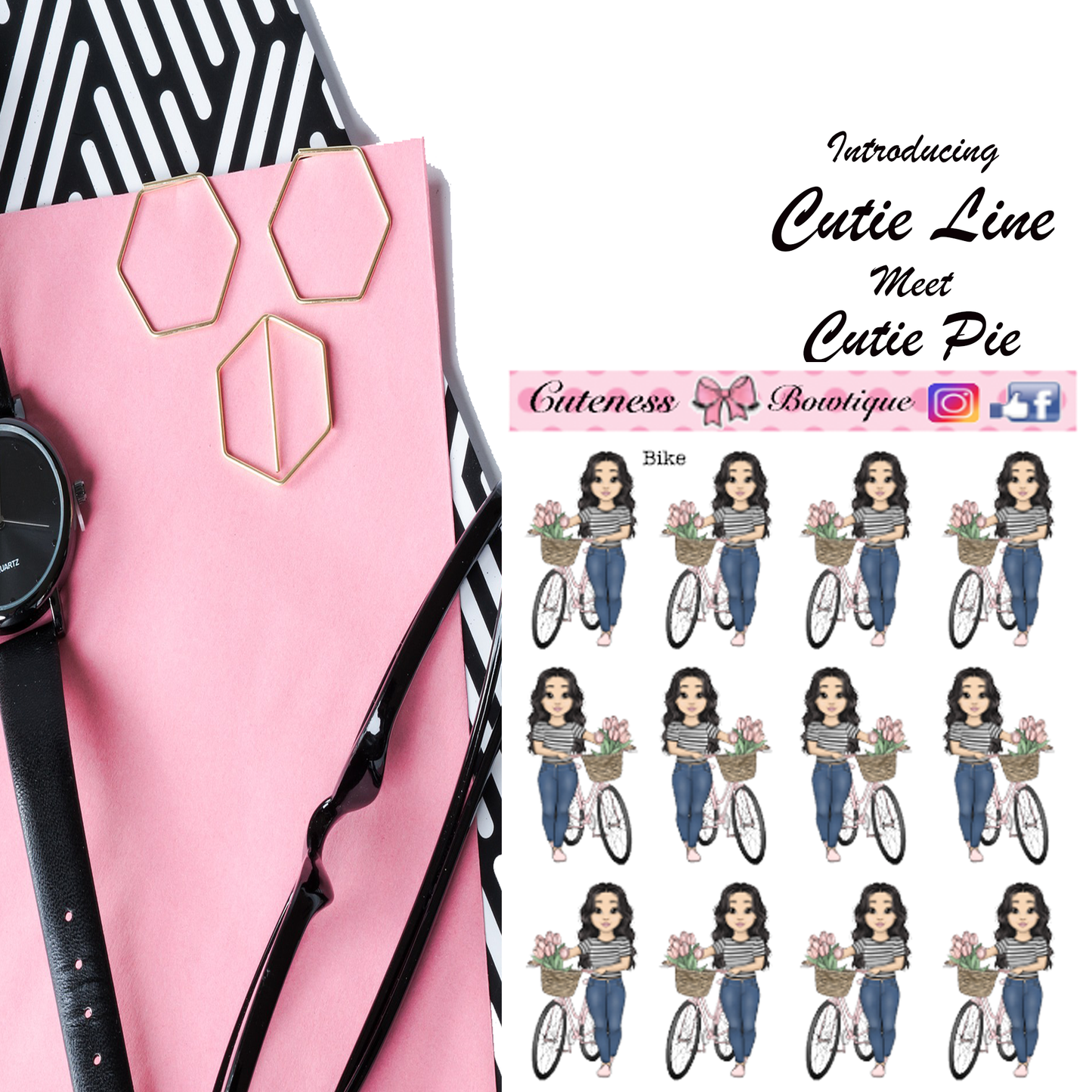 The Cutie Line Icon Sticker Sheet | Cuteness Planner Stickers for Agendas, Planners, Notebooks, Dividers | CUTIE PIE BIKE