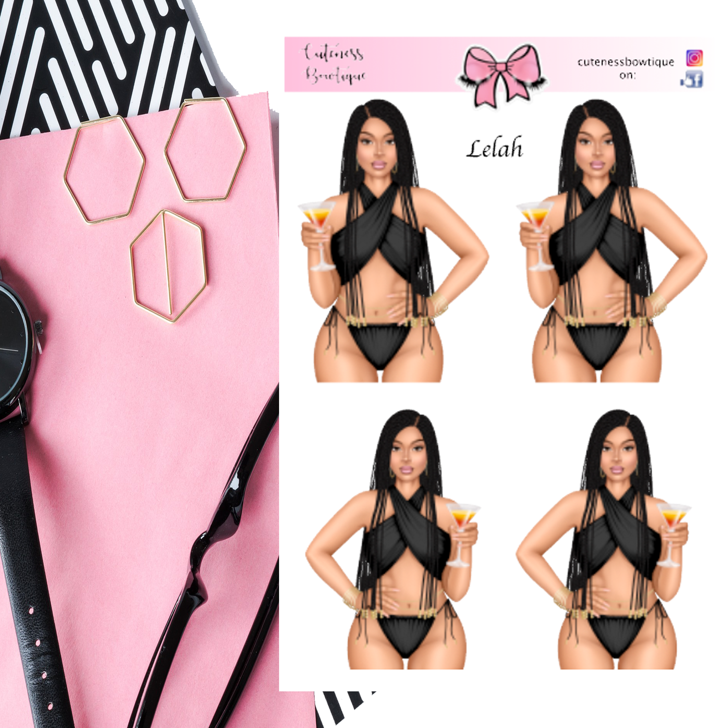 The Cuteness Doll Collection Sticker Sheet | Cuteness Planner Stickers for Agendas, Planners, Notebooks, Dividers | LELAH BLACK SWIM WEAR