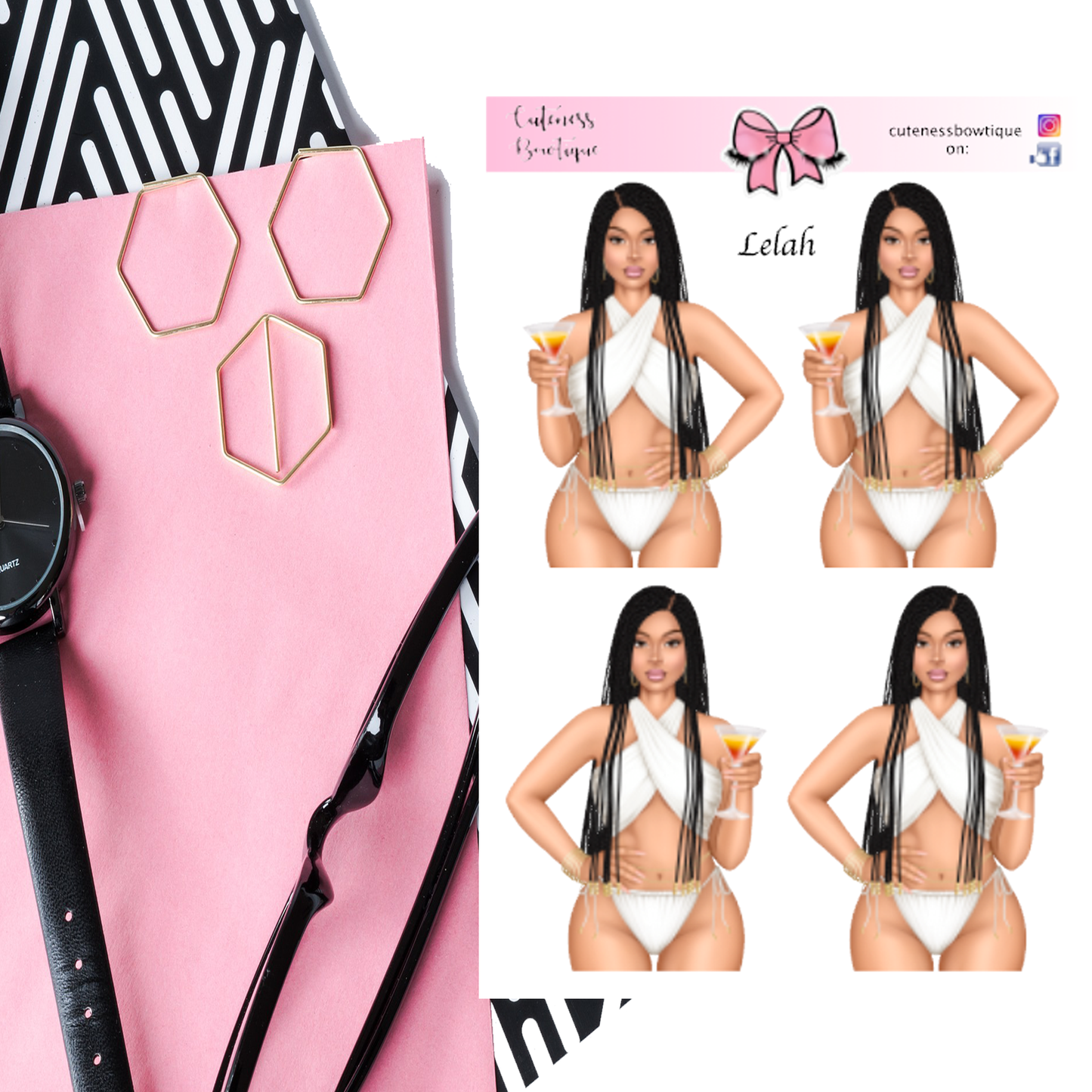 The Cuteness Doll Collection Sticker Sheet | Cuteness Planner Stickers for Agendas, Planners, Notebooks, Dividers | LELAH WHITE SWIM WEAR