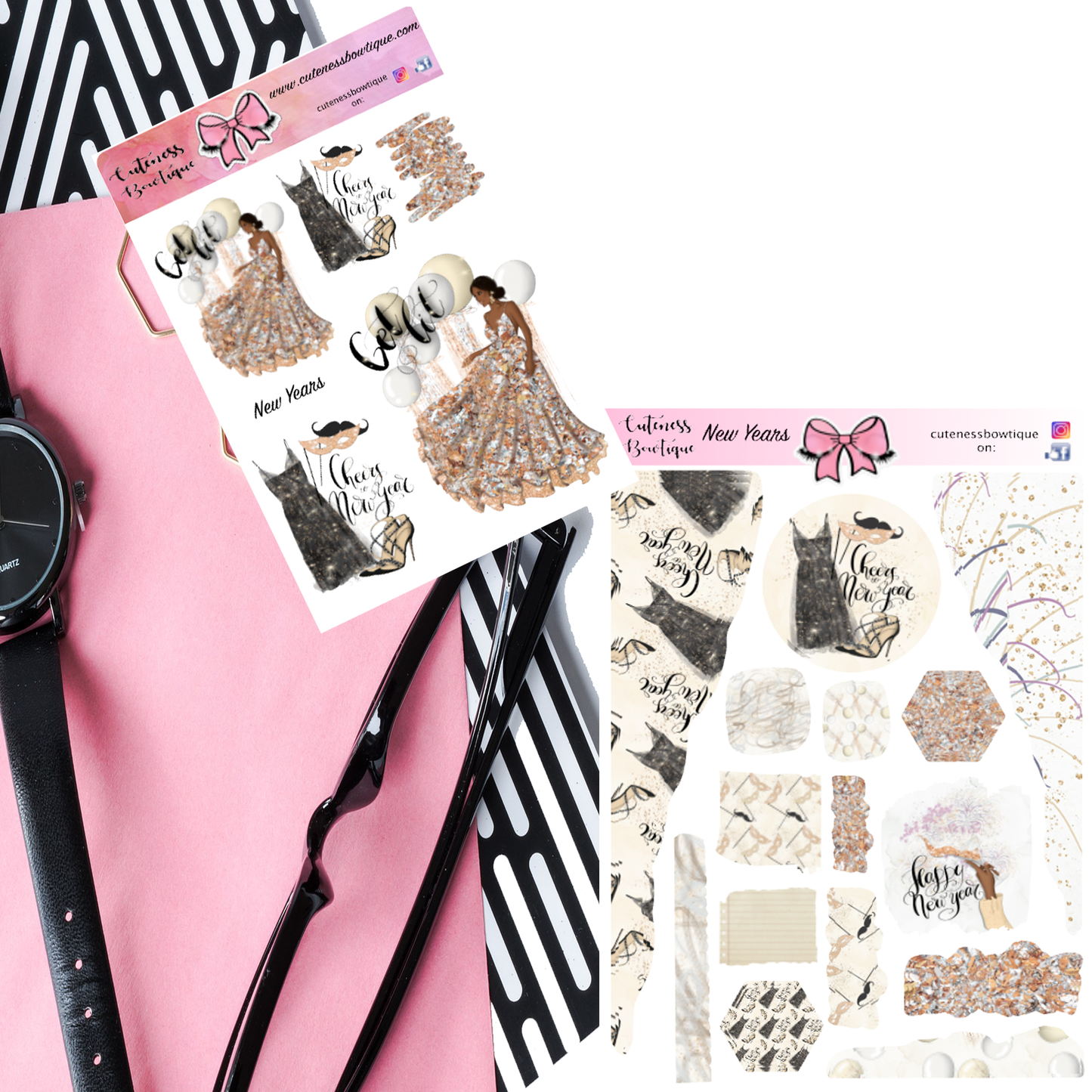 The  Cuteness KITS I Collection Sticker Sheet | Cuteness Planner Stickers for Agendas, Planners, Notebooks, Dividers | NEW YEARS & GIRLZ
