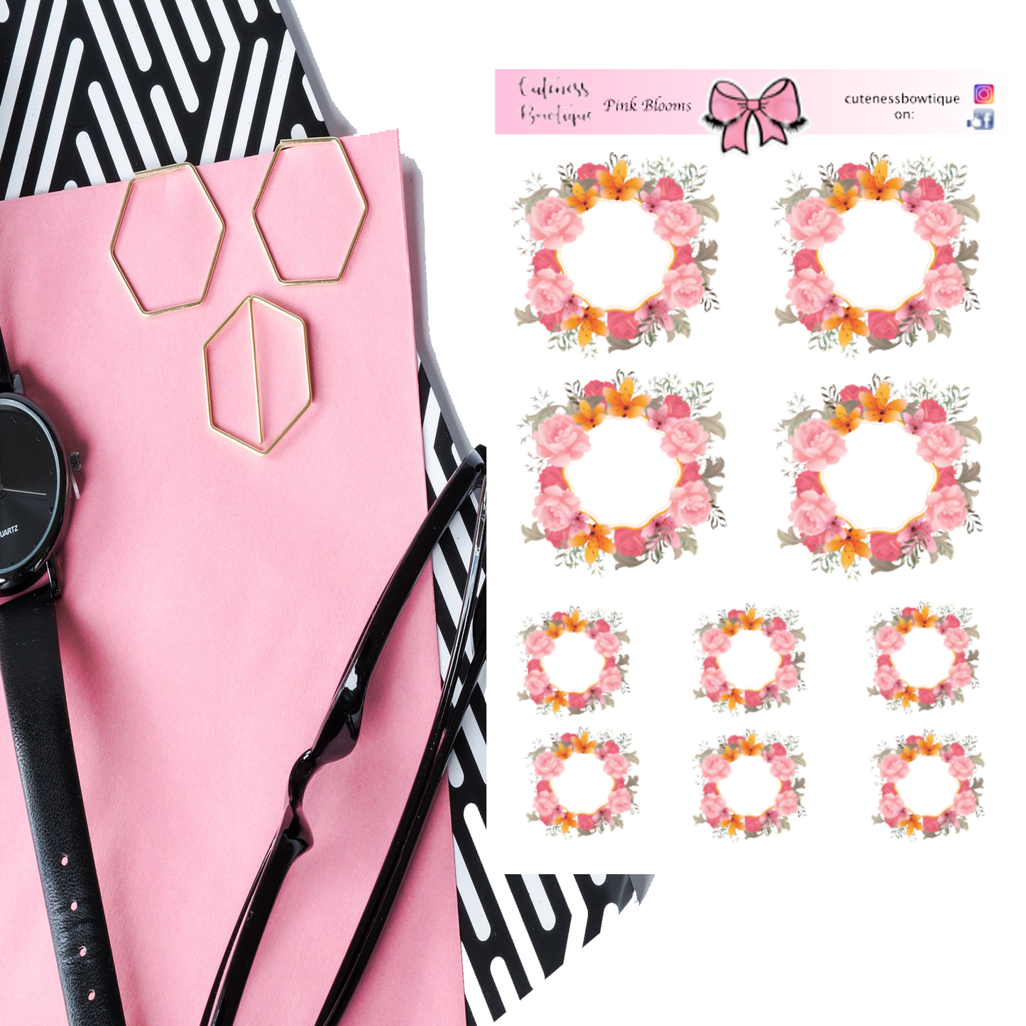 The Cuteness FLORALS Collection Sticker Sheet | Cuteness Planner Stickers for Agendas, Planners, Notebooks, Dividers | PINK BLOOMS