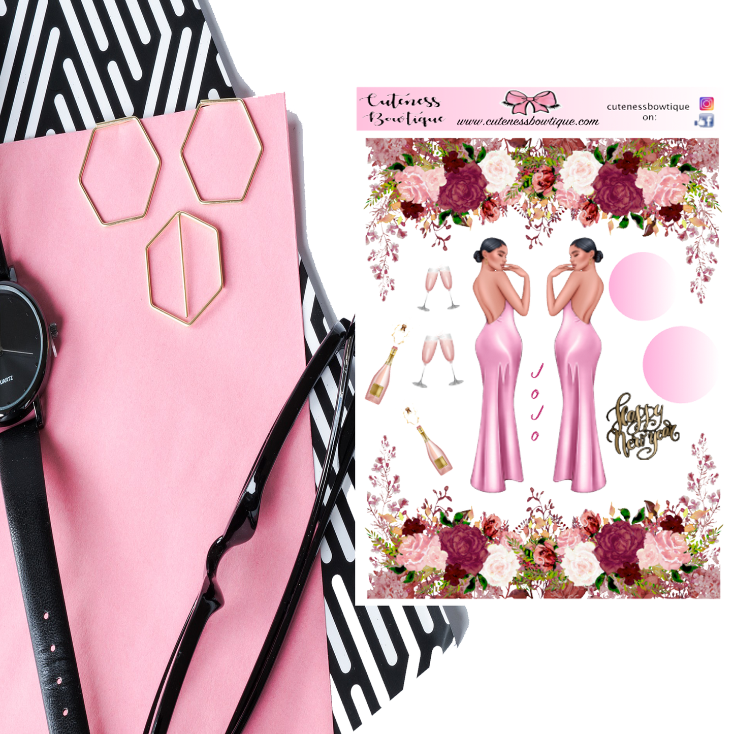 The Cuteness KITS I Collection Sticker Sheet | Cuteness Planner Stickers for Agendas, Planners, Notebooks, Dividers | PINK NEW YEARS JOJO